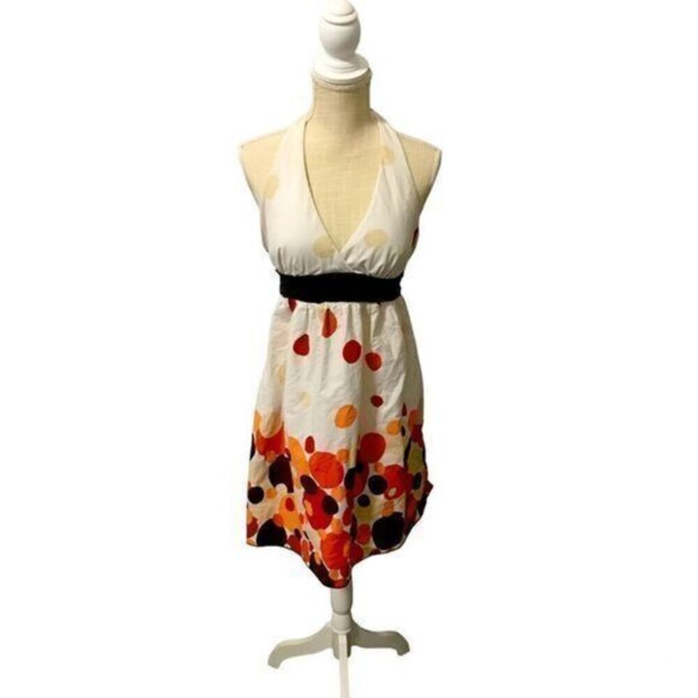 Speechless Cream Halter Midi Dress with Orange and Red Dot Print